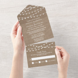 Die rustikale Hochzeitskollektion der Burlap-Licht All In One Einladung