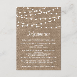 Die rustikale Hochzeitskollektion der Burlap-Licht Begleitkarte