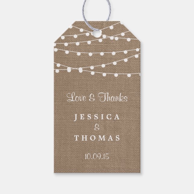 Die rustikale Hochzeitskollektion der Burlap-Licht Geschenkanhänger (Vorderseite)