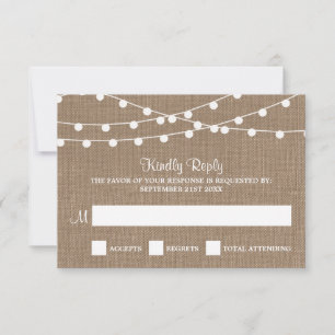 Die rustikale Hochzeitskollektion der Burlap-Licht RSVP Karte