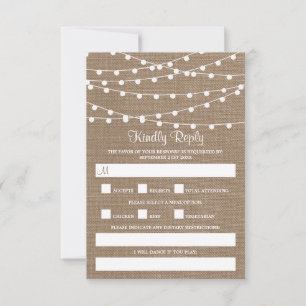 Die rustikale Hochzeitskollektion der Burlap-Licht RSVP Karte