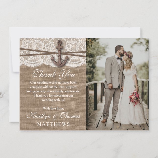 Die rustikale Hochzeitskollektion mit dem Anker Dankeskarte (Vorderseite)
