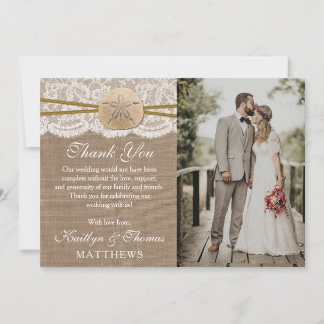 Die rustikale Sand Dollar Beach Hochzeitskollektio Dankeskarte (Vorderseite)