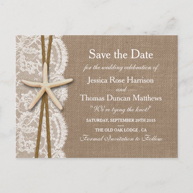 Die rustikale Starfish-Sammlung Save the Date Ankündigungspostkarte (Vorderseite)