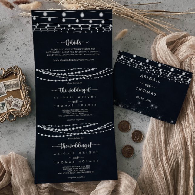 Die rustikale String Lights-Hochzeit von Dreifach Gefaltete Einladung (Von Creator hochgeladen)