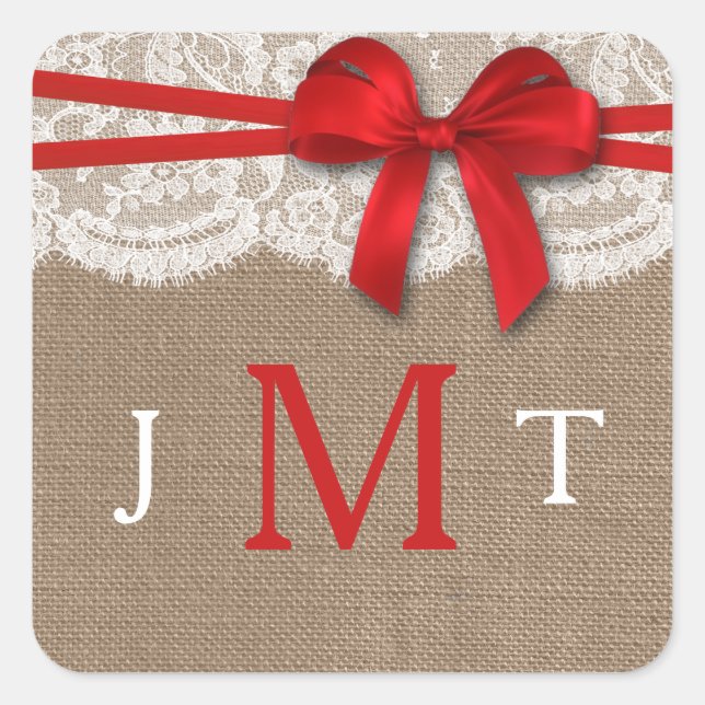 Die rustikalen Siegel der Red Bow Wedding Collecti Quadratischer Aufkleber (Vorderseite)