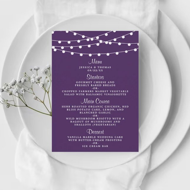 Die Saitenleuchten auf der Lila Hochzeitskollektio Menükarte (Von Creator hochgeladen)