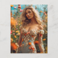 Die schöne Blondine in einem Blumenkleid