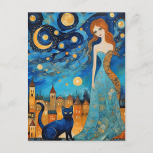 Die schöne Frau und Katze in einer Nachtstadt Postkarte