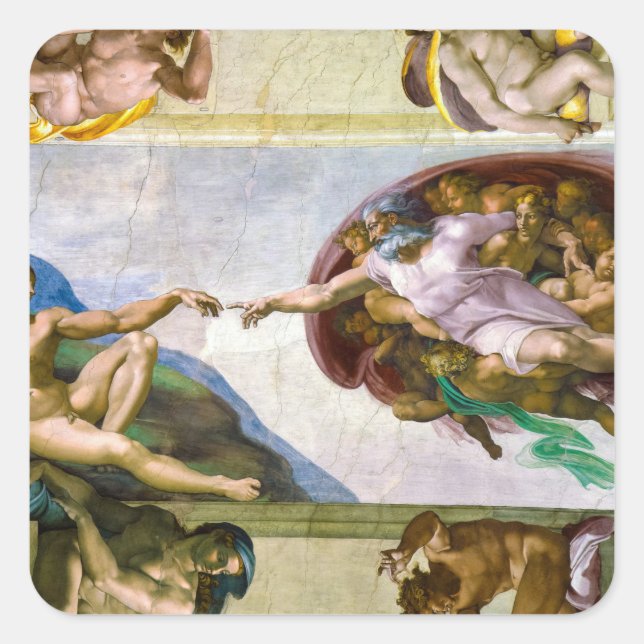 Die Schöpfung Adams durch Michelangelo Quadratischer Aufkleber (Vorderseite)