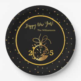 Die Schwarze goldene Uhr jedes Jahres ist glücklic Pappteller