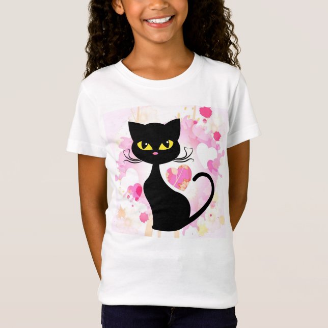Die schwarze Katze des Mädchens mit rosa Herz-T - T-Shirt (Vorderseite)