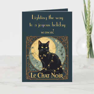 Die schwarze Katze mit Lichterketten in festlichen Karte
