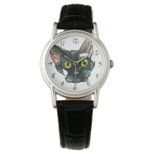 Die schwarze Katzen-Schwarz-Lederband-Uhr der Armbanduhr