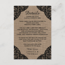 Die schwarze Spitze der rustikalen Hochzeitskollek Begleitkarte