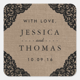 Die schwarze Spitze der rustikalen Hochzeitskollek Quadratischer Aufkleber