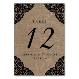 Die schwarze Spitze der rustikalen Hochzeitskollek Tischnummer