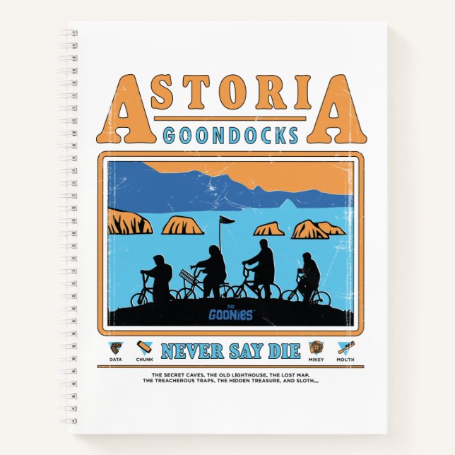 Die Silhouetten der Goonies über Astoria Goondocks Notizbuch (Vorderseite)