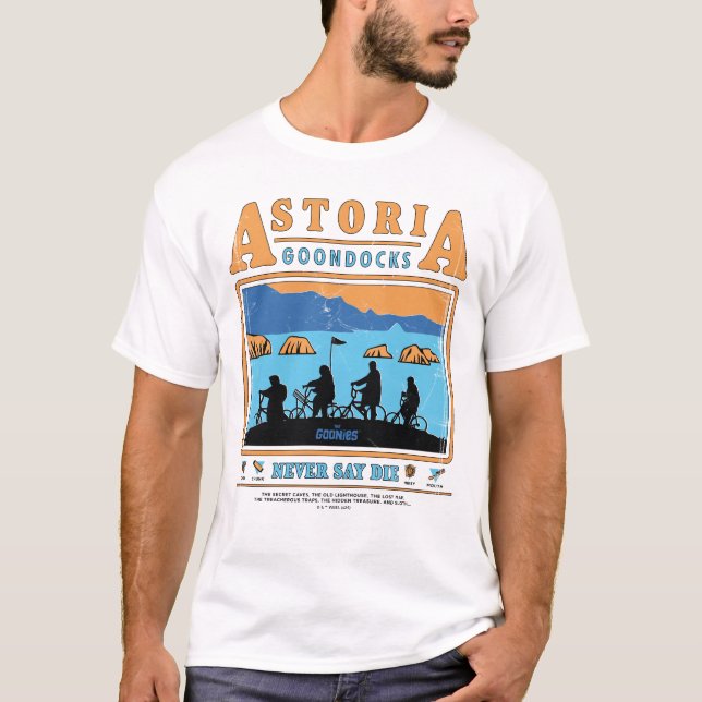 Die Silhouetten der Goonies über Astoria Goondocks T-Shirt (Vorderseite)