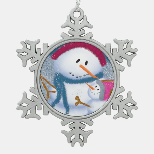 Die SnowMama- und SnowGirl-Illustration Schneeflocken Zinn-Ornament (Vorderseite)