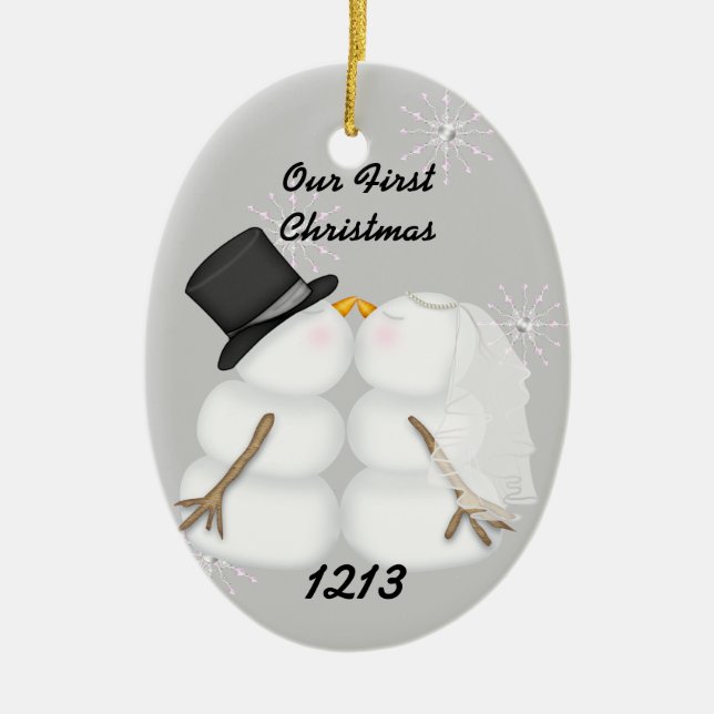 Die Snowmen küssen verheiratet unsere 1. Chrismas Keramik Ornament (Vorne)