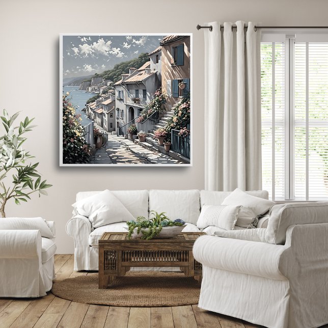 Die Sommerlandschaft des französischen Dorfes am M Poster (French Village Summer Landscape by the Sea Poster Mockup 1)