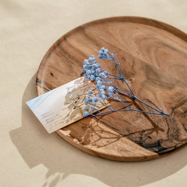 Die Sonne am Strand Visitenkarte (Sun drown in the sand business card. Summar, sea, beach related activities)