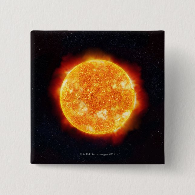 Die Sonne zeigt Sonneneruptionen gegen einen Stern Button (Vorderseite)