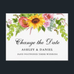Die Sonnenblume im Wasser ändert das Datum Postkarte<br><div class="desc">Moderne elegante Wasserfarbe Sonnenblumen Blumenwechsel Hochzeitstag Nachmittag Postkarte mit Sonnenblumen,  rosa Rosen und Grün</div>