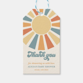 Die sonnengelbe Babydusche kommt hier. Geschenkanhänger