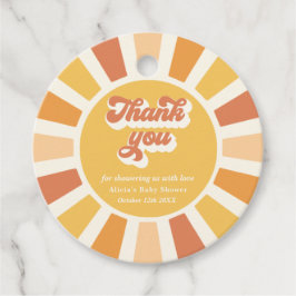 Die sonnengelbe Babydusche kommt hier. Geschenkanhänger