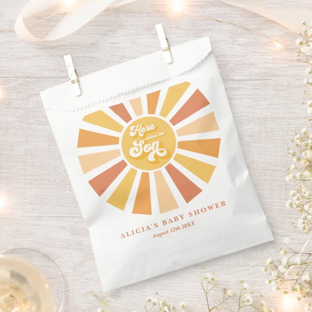 Die sonnengelbe Babydusche kommt hier. Geschenktütchen (Ausgeschnitten)