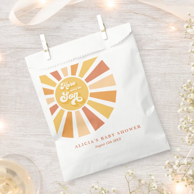 Die sonnengelbe Babydusche kommt hier. Geschenktütchen (Ausgeschnitten)