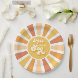 Die sonnengelbe Babydusche kommt hier. Pappteller