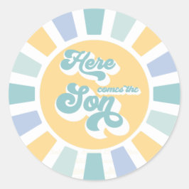 Die sonnengelbe Babydusche kommt hier. Runder Aufkleber