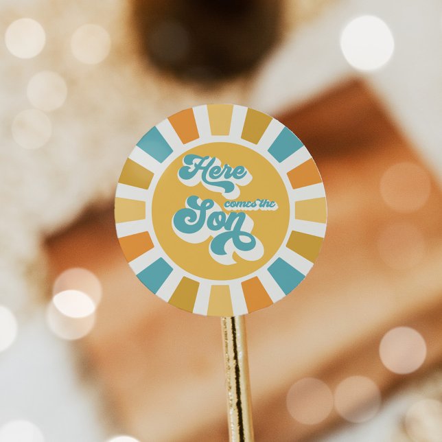 Die sonnengelbe Babydusche kommt hier. Runder Aufkleber (Von Creator hochgeladen)