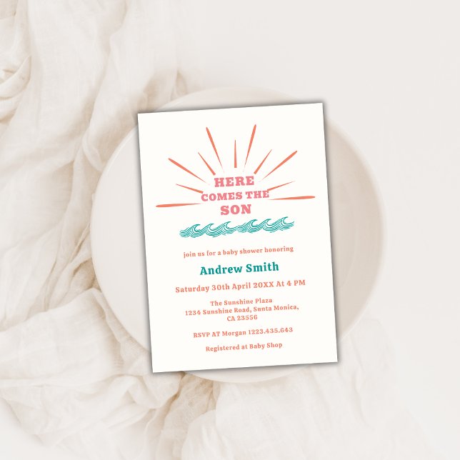 Die Sonnenschirme des Strandes kommen hier zur Son Einladung (Beach Sunshine Here Comes The Son Baby Shower Invitation)