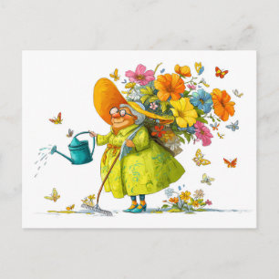 Die sonnige Illustration von Oma-Gärtnern-Blume Feiertagspostkarte