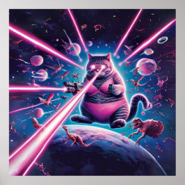 Die sonnige Riesenkatze und Dinosaurier im All Poster