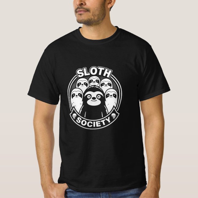 Die sonnige "Sloth Society" Schwarz-Weiß-Minimalis T-Shirt (Vorderseite)