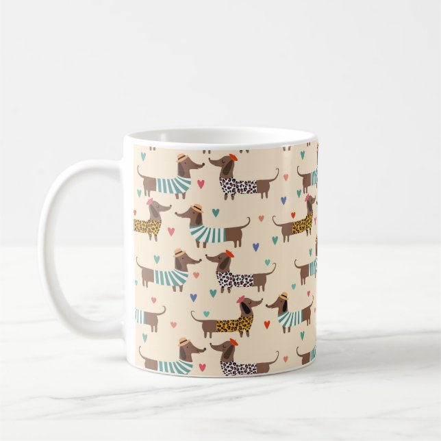 Die sonnigen Dackeln in Hats und Sweatern Kaffeetasse (Links)
