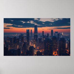 Die spektakuläre City Skyline in der Abenddämmerun Poster