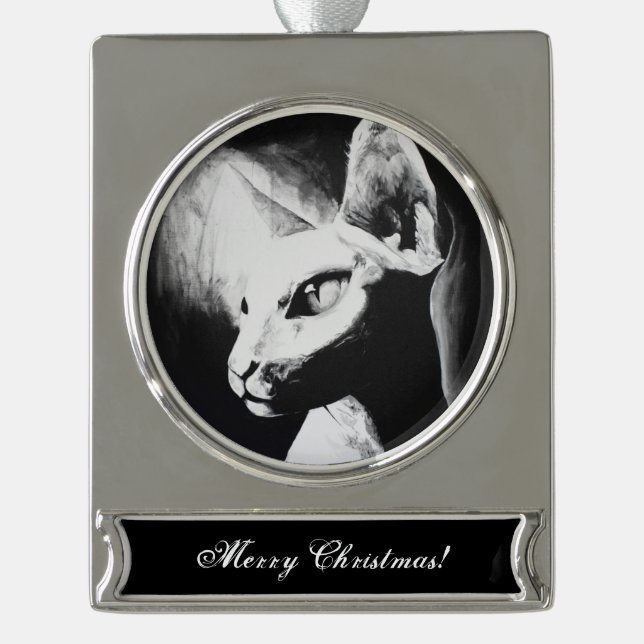 Die Sphynx Katzenwelse Schwarz-weiße Kunst Banner-Ornament Silber (Vorderseite)