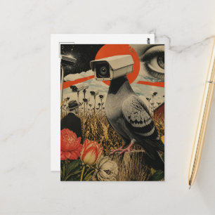 Die Spionentauben in den Feldern Surrealer Collage Postkarte