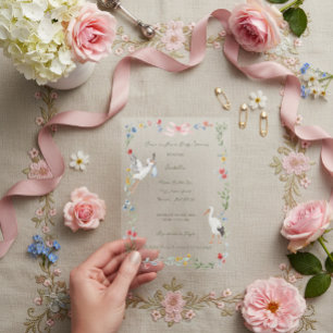 Die Storch-Erbstück-Rose-&-Schleife-Baby-Party Acryleinladungen