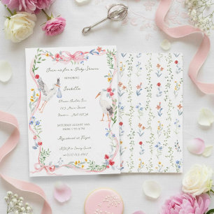 Die Storch-Erbstück-Rose- und Band-Baby-Party Einladung
