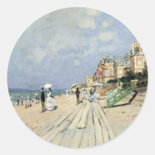 Die Strandpromenade in Trouville von Claude Monet Runder Aufkleber