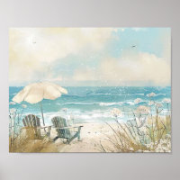 Die Strandszene im Aquarellstil mit weißen Stühlen