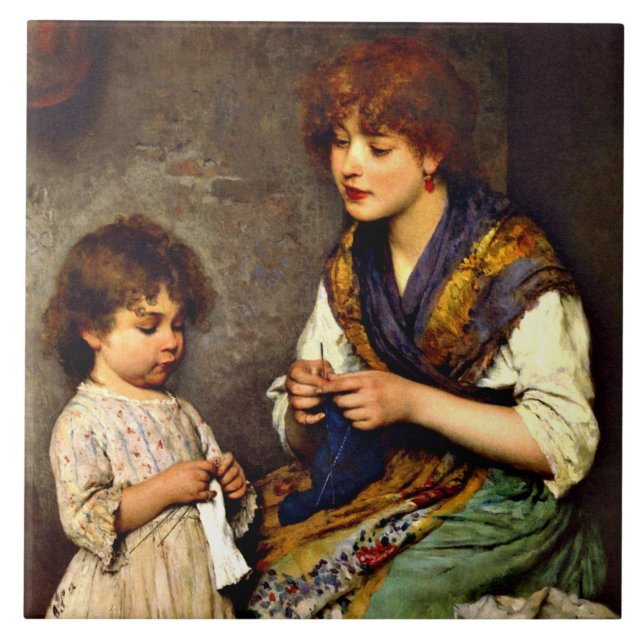 Die Strickstunde, feine Kunstmalerei Fliese (Vorderseite)