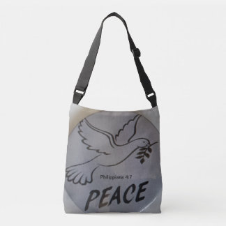 Die Tasche zeigt eine Friedenstaube und eine Schri